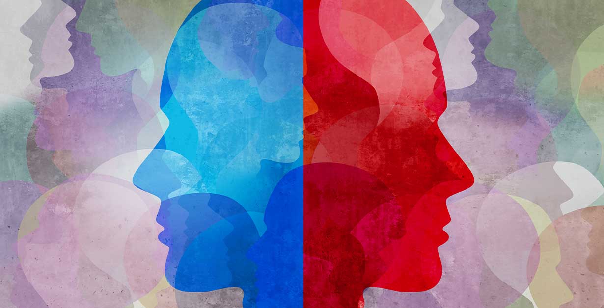 A painting of a red and blue face.